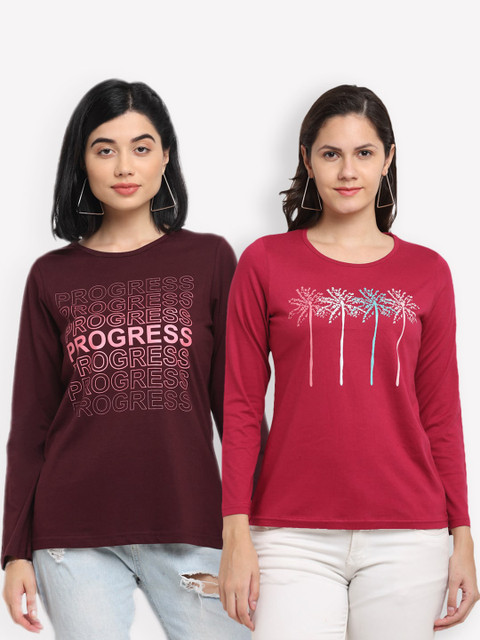 

Kanvin Women Pack of 2 Burgundy & Maroon Typography Printed T-shirts