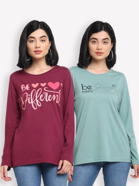

Kanvin Women Maroon & Sea Green Typography Set Of 2 Printed T-shirt
