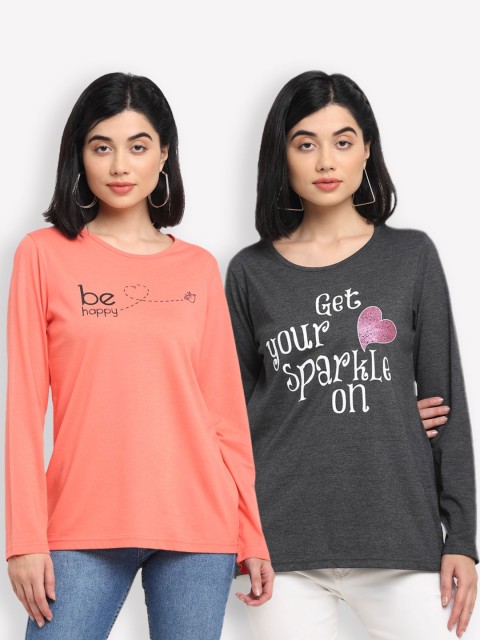 

Kanvin Women Orange & Charcoal Typography Set Of 2 Printed T-shirt