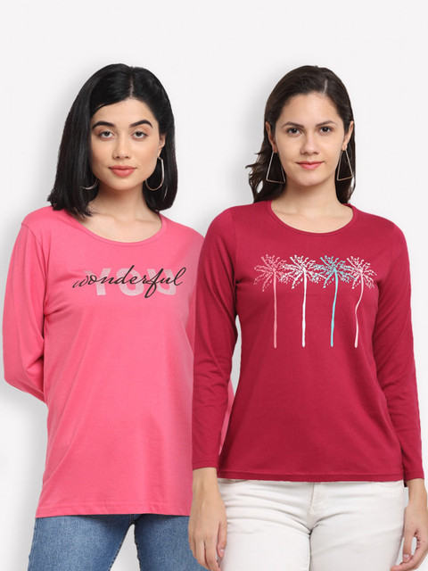 

Kanvin Women Pink & Red Set Of 2 Printed T-shirt