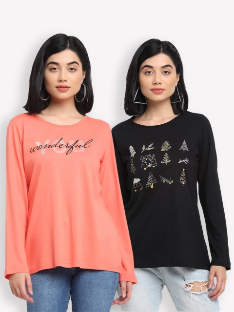 

Kanvin Women Orange & Black Pack Of 2 Printed T-shirts