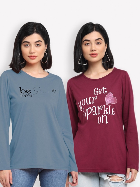 

Kanvin Women Blue & Maroon Typography Set Of 2 Printed T-shirt