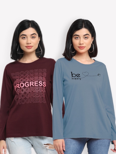 

Kanvin Women Pack of 2 Brown & Blue Typography Printed T-shirts