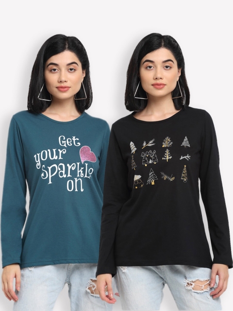 

Kanvin Women Teal & Black Typography 2 Printed T-shirt