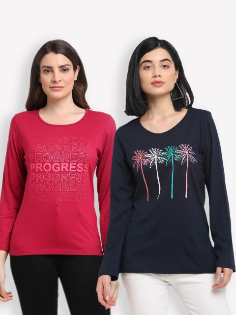 

Kanvin Women Pack of 2 Red & Navy Blue Typography Printed T-shirts