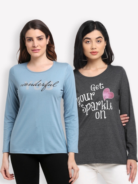 

Kanvin Women Pack of 2 Blue & Charcoal Typography Printed T-shirts