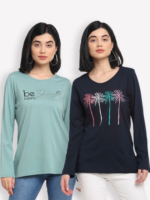 

Kanvin Women Sea Green & Navy Blue Typography Set Of 2 Printed T-shirt