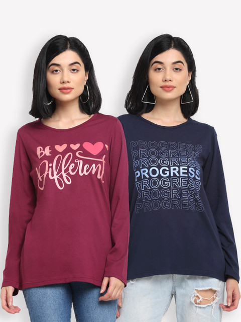 

Kanvin Women Maroon & Navy Blue Typography 2 Printed T-shirt