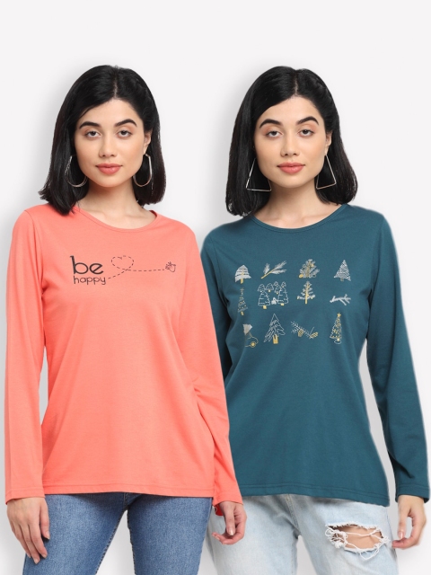 

Kanvin Women Peach-Coloured & Teal Typography Set Of 2 Printed T-shirt