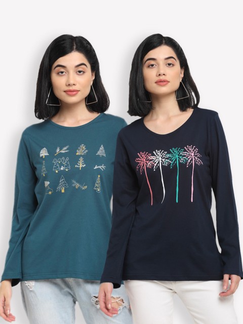 

Kanvin Women Navy Blue & Teal Set Of 2 Printed T-shirt