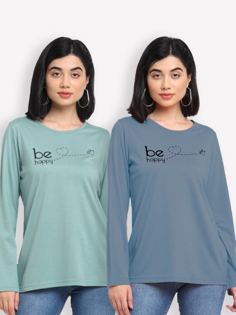 

Kanvin Women Sea Green & Blue Typography Set Of 2 Printed T-shirt