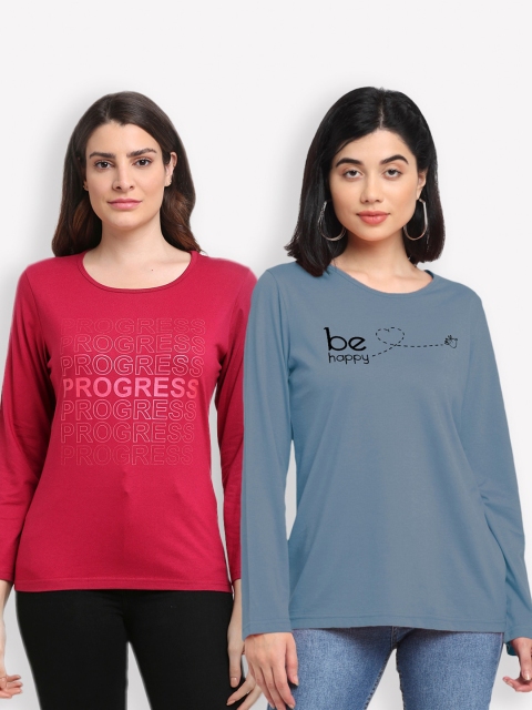 

Kanvin Women Red & Grey Set of 2 Typography Printed T-shirt