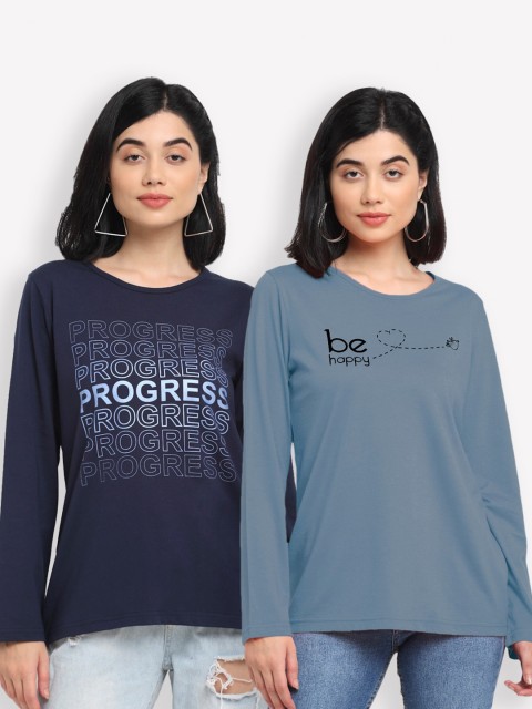 

Kanvin Women Navy Blue & Blue Typography 2 Printed T-shirt