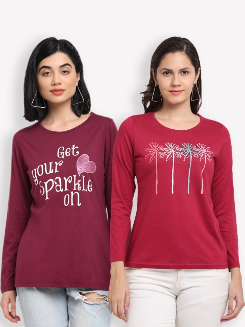 

Kanvin Women Set Of 2 Typography Printed T-shirts, Red