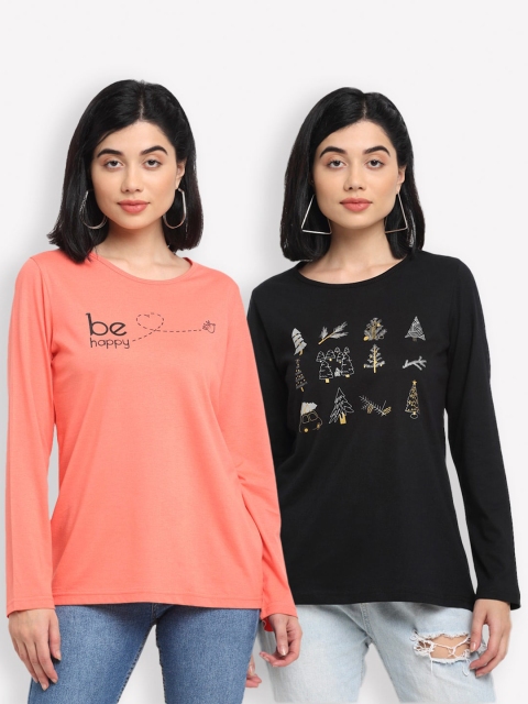

Kanvin Women Orange & Black Typography Set Of 2 Printed T-shirt