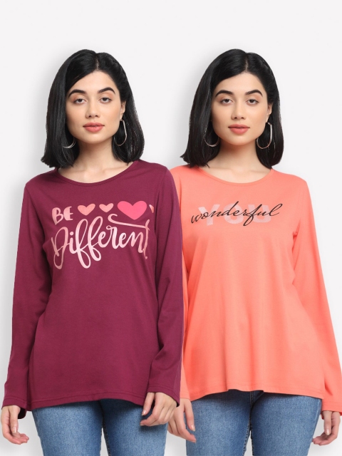 

Kanvin Women Maroon & Orange Typography 2 Printed T-shirt
