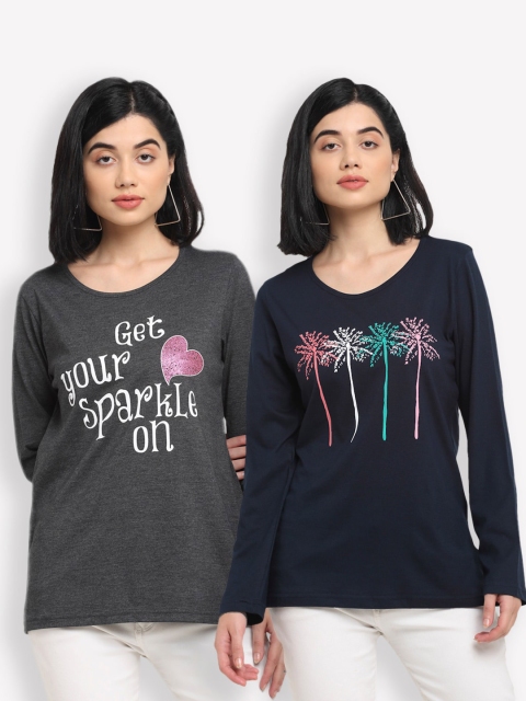 

Kanvin Women Navy Blue & Charcoal Grey Pack Of 2 Typography Printed T-shirt