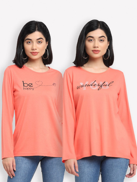

Kanvin Women Pack of 2 Orange Typography Printed T-shirts