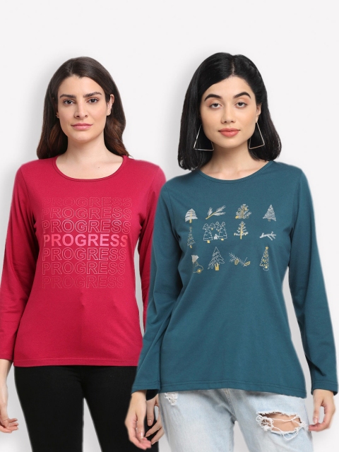 

Kanvin Women Red & Teal 2 Printed T-shirt