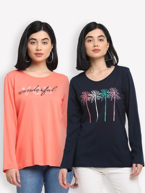 

Kanvin Women Orange & Navy Blue Set of 2 Typography Printed T-shirt