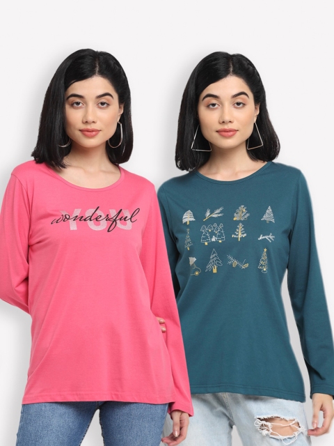 

Kanvin Women Pack of 2 Pink & Teal Printed T-shirt