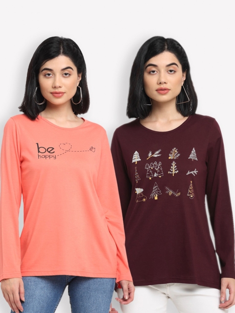 

Kanvin Women Pack Of 2 Typography 2 Printed T-shirts, Orange