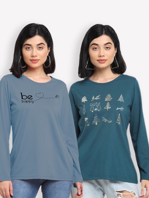 Kanvin Women Blue & Teal Set Of 2 Printed T-shirt