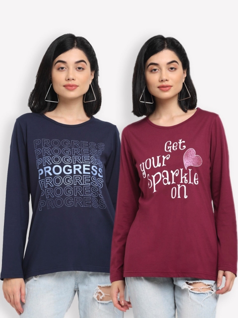 

Kanvin Women Navy Blue & Maroon Typography Set Of 2 Printed T-shirt