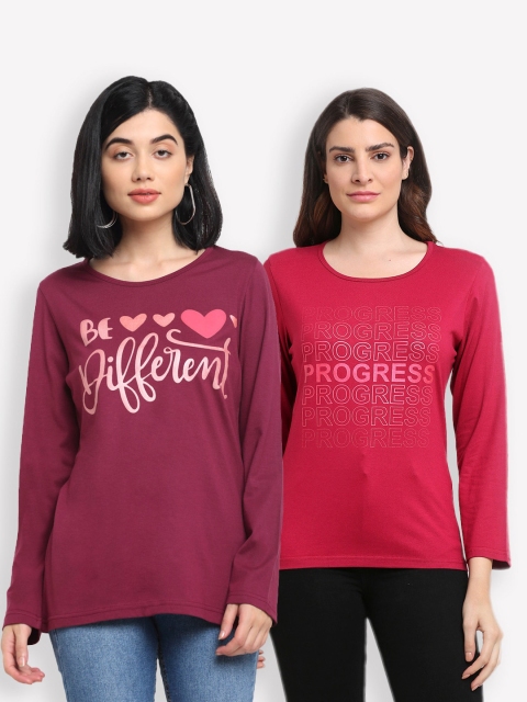 

Kanvin Women Pack of 2 Typography Printed T-shirts, Maroon