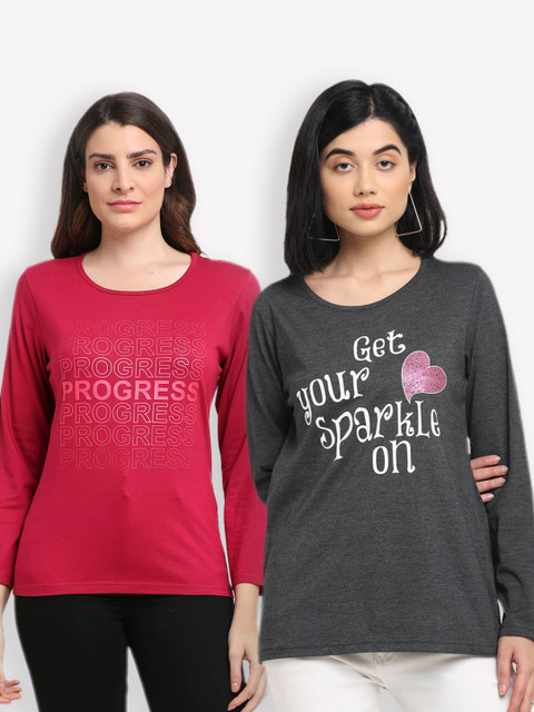 

Kanvin Women Red & Charcoal Typography Set Of 2 Printed T-shirt