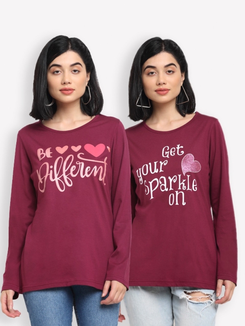 

Kanvin Women Maroon & White Typography Set Of 2 Printed T-shirt