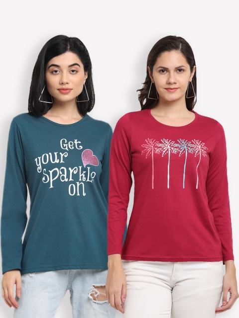 

Kanvin Women Pack Of 2 Red & Teal Graphic Printed T-shirts