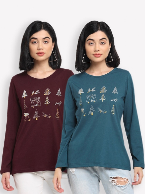 

Kanvin Women Brown & Teal Set Of 2 Printed T-shirt
