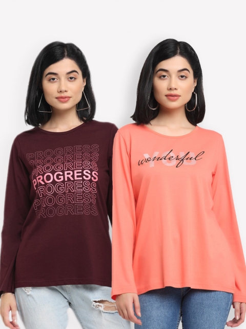 

Kanvin Women Pack of 2 Brown & Orange Typography Printed T-shirts