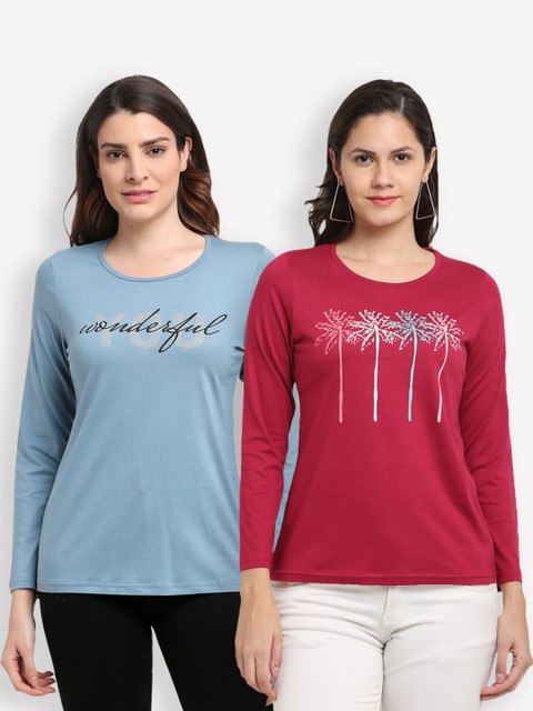 

Kanvin Women Blue & Red Typography Set Of 2 Printed T-shirt