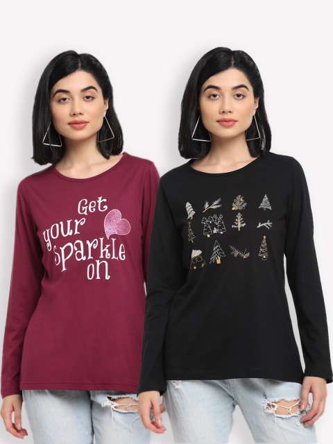 

Kanvin Women Maroon & Black Typography Set Of 2 Printed T-shirt