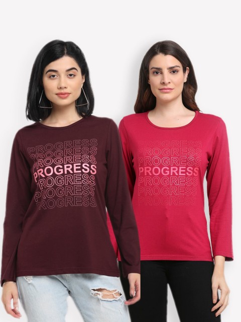 

Kanvin Women Set Of 2 Brown & Red Typography Printed T-shirt
