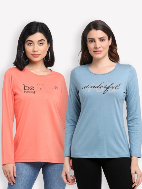 

Kanvin Women Orange & Blue Pack of 2 Typography Printed T-shirts