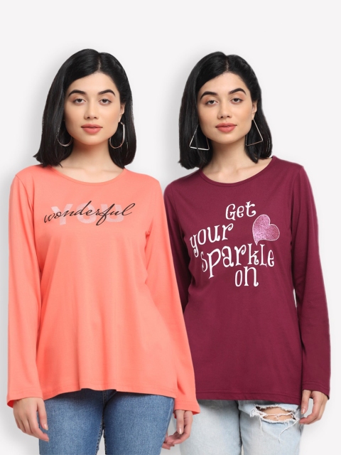 

Kanvin Women Orange & Maroon Typography 2 Printed T-shirt