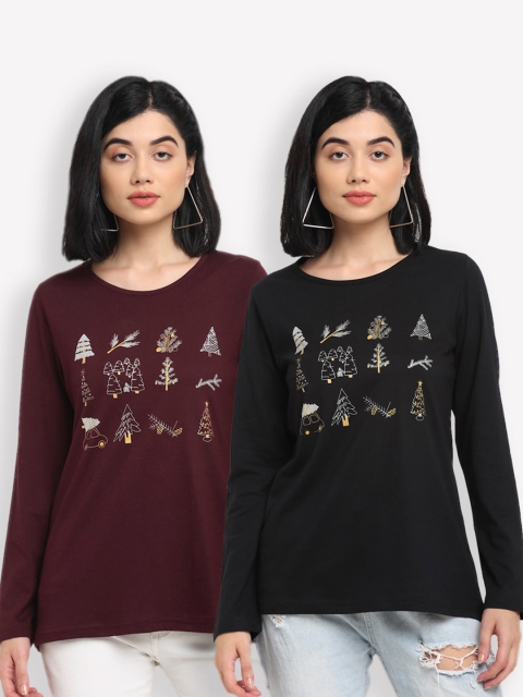 

Kanvin Women Pack of 2 Brown & Maroon Printed T-shirt