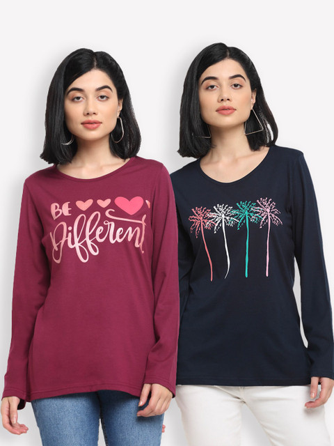 

Kanvin Women Maroon & Navy Blue Set Of 2 Printed T-shirt