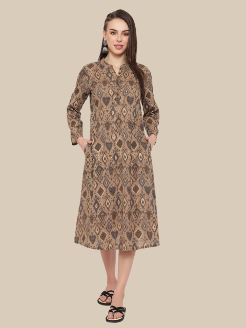 

shashvi Brown Ethnic Motifs Pure Cotton A-Line Dress