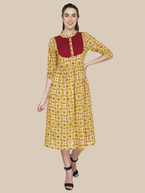 

shashvi Yellow & Red Ethnic Motifs Ethnic A-Line Midi Dress