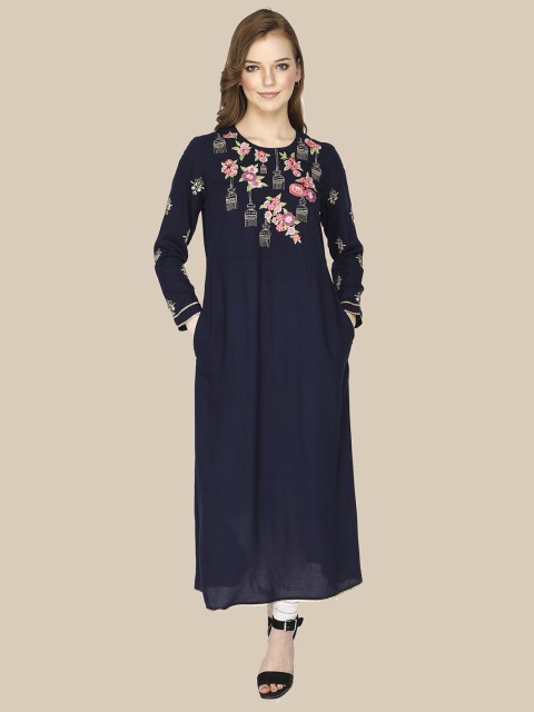 

shashvi Women Navy Blue Floral Embroidered Thread Work Kurta