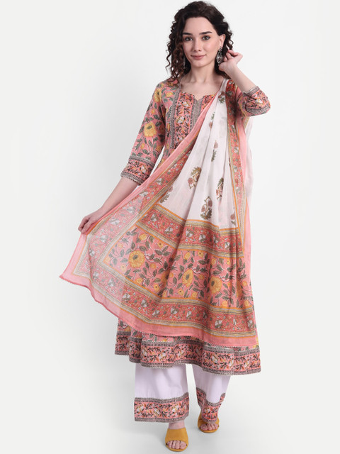 

Wyfees Women Peach-Coloured Floral Printed Pure Cotton Kurta with Palazzos & With Dupatta