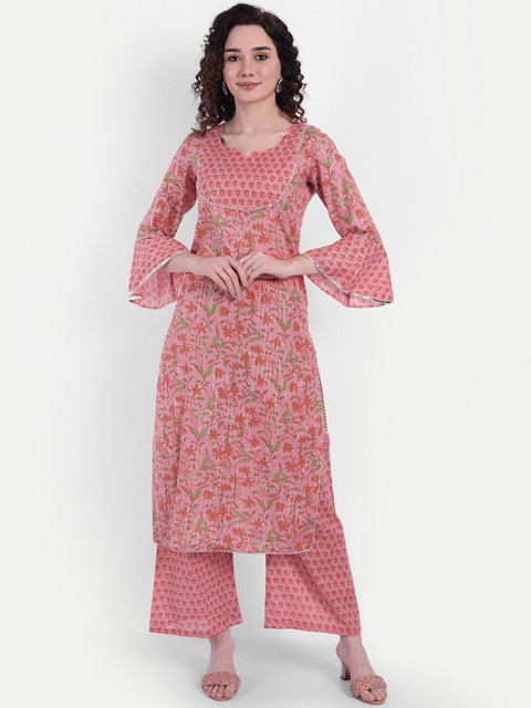 

Wyfees Women Peach-Coloured Floral Printed Gotta Patti Pure Cotton Kurta with Palazzos