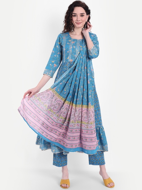 

Wyfees Women Blue Ethnic Motifs Printed Pleated Gotta Patti Pure Cotton Kurta with Trousers & With Dupatta