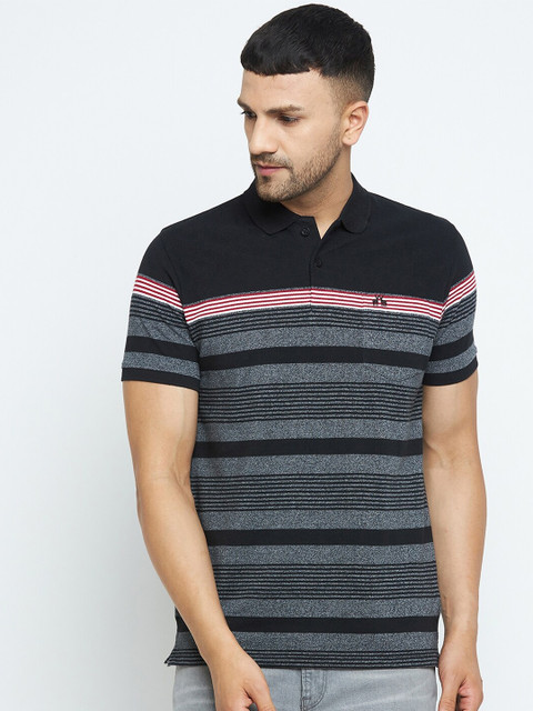 

98 Degree North Men Black Striped Polo Collar T-shirt