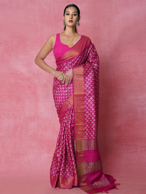 

Unnati Silks Pink & Gold-Toned Ethnic Motifs Zari Pure Silk Tussar Saree