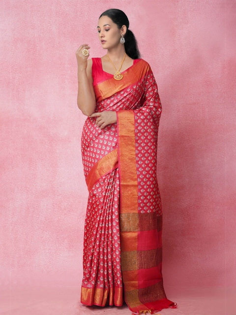 

Unnati Silks Red & White Ethnic Motifs Zari Pure Silk Tussar Saree